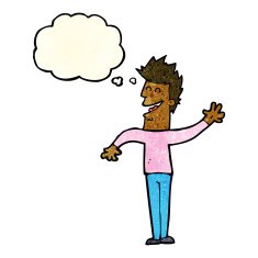 cartoon happy man waving with thought bubble N11