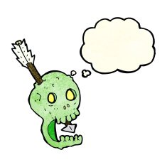 funny cartoon skull and arrow with thought bubble N3