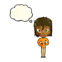 cartoon satisfied woman with thought bubble N3