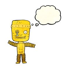 cartoon funny gold robot with thought bubble N3