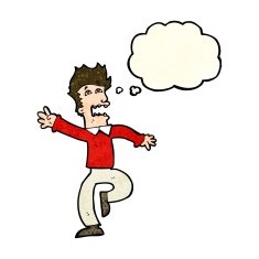 cartoon man panicking with thought bubble N12