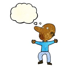 cartoon worried middle aged man with thought bubble N3