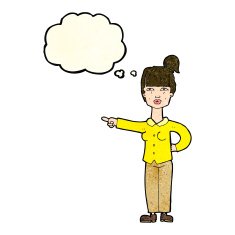 cartoon woman pointing with thought bubble N53