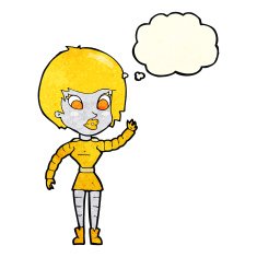 cartoon robot woman waving with thought bubble N4
