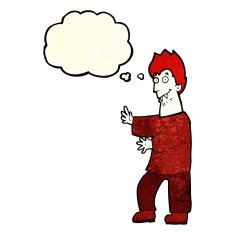 cartoon vampire waving hands with thought bubble N3