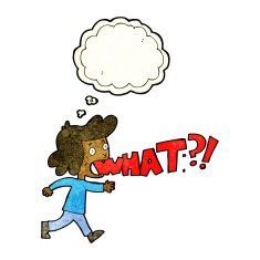cartoon woman shouting what with thought bubble N2