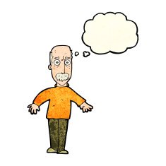 cartoon annoyed old man with thought bubble N16