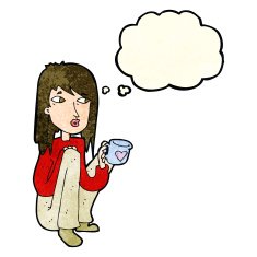 cartoon woman sitting with cup of coffee thought bubble N3