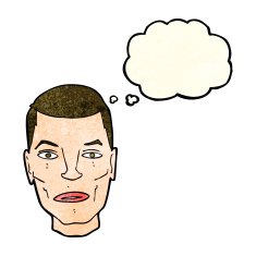 cartoon serious male face with thought bubble N3