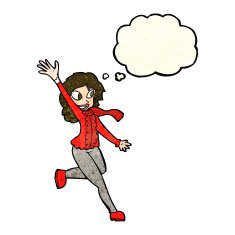 cartoon woman waving dressed for winter with thought bubble N3