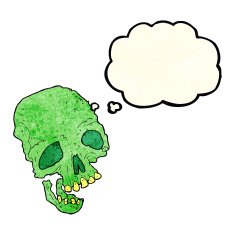 cartoon ancient spooky skull with thought bubble N2
