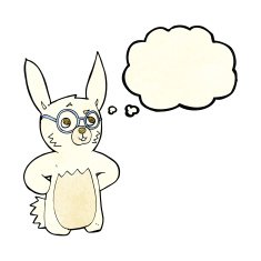 cartoon rabbit wearing spectacles with thought bubble N3