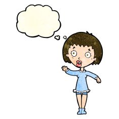 cartoon waving woman with thought bubble N38