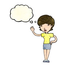 cartoon woman waving with thought bubble N86