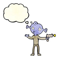 cartoon alien with ray gun thought bubble N3