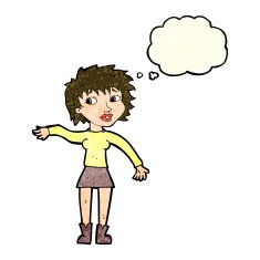 cartoon friendly woman waving with thought bubble N13