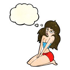 cartoon woman in skimpy clothing with thought bubble N3