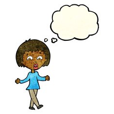 cartoon woman shrugging shoulders with thought bubble N122