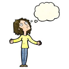 cartoon curious woman looking upwards with thought bubble N3