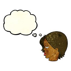cartoon woman raising eyebrow with thought bubble N5