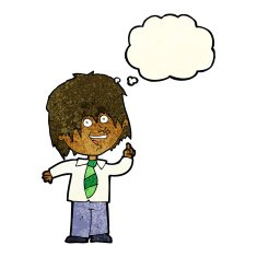 cartoon school boy with idea thought bubble N7
