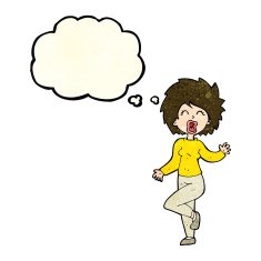 cartoon woman dancing with thought bubble N7