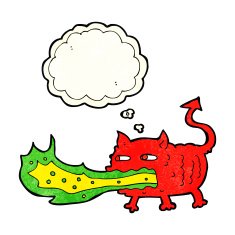 cartoon fire breathing imp with thought bubble N3