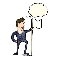 cartoon man planting flag with thought bubble N3