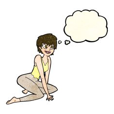 cartoon happy woman sitting on floor with thought bubble N6