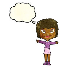 cartoon woman pointing with thought bubble N55