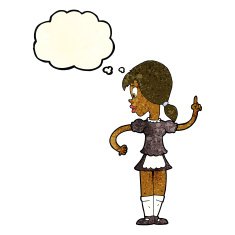 cartoon waitress calling order with thought bubble N3