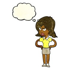 cartoon annoyed woman with hands on hips thought bubble N2