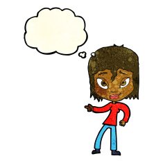 cartoon relaxed woman pointing with thought bubble N3