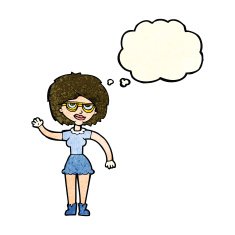 cartoon waving woman wearing spectacles with thought bubble N3