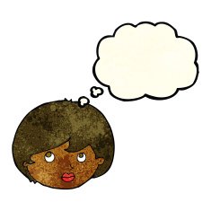 cartoon female face looking upwards with thought bubble N3