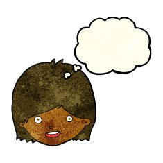 cartoon happy female face with thought bubble N50