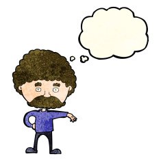 cartoon man with mustache making camp gesture thought bubbl N3