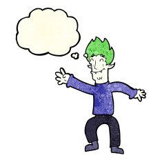 cartoon happy vampire man with thought bubble N8