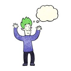 cartoon happy vampire man with thought bubble N9