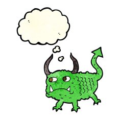 cartoon little demon with thought bubble N8