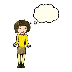 cartoon woman shrugging shoulders with thought bubble N125