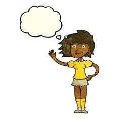 cartoon woman waving with thought bubble N90