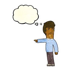 cartoon man pointing with thought bubble N49