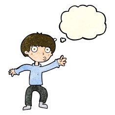 cartoon boy waving warning with thought bubble N3