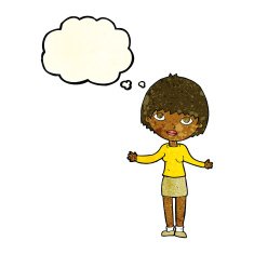 cartoon woman shrugging with thought bubble N17