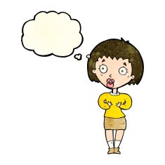 cartoon woman making Who Me? gesture with thought bubble N12