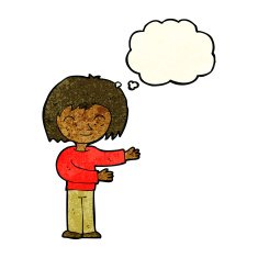 cartoon woman gesturing welcome with thought bubble N3
