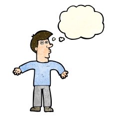 cartoon man shrugging shoulders with thought bubble N8