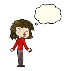 cartoon girl shrugging shoulders with thought bubble N9