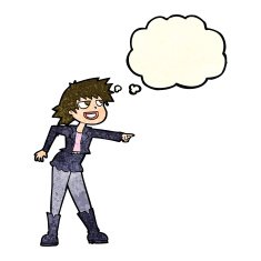 cartoon woman pointing with thought bubble N56